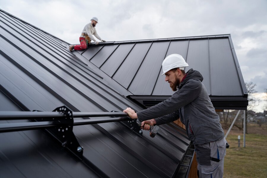 a man in hardhats holding a drill on a roof